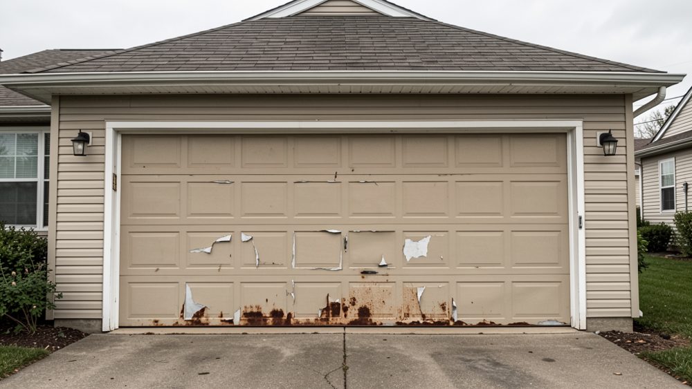 Before: weathered garage door