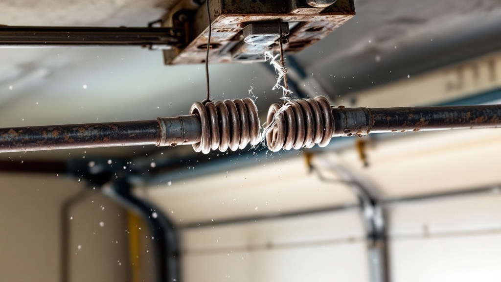 Broken garage door torsion spring with a visible gap between snapped coils above a residential garage door in San Antonio