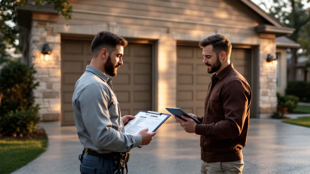 Garage door technician reviewing a spring replacement cost estimate with a homeowner outside a San Antonio home