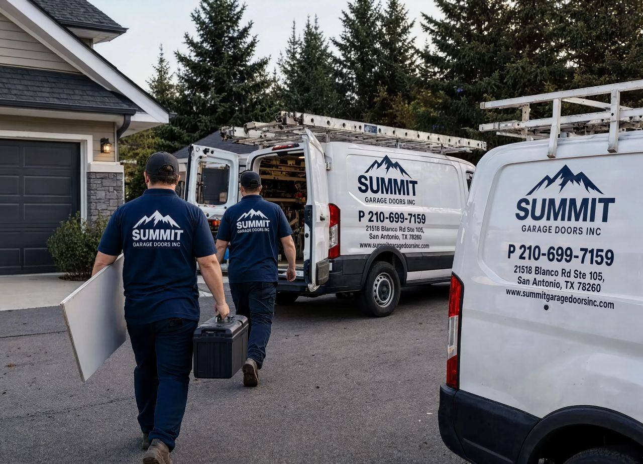 The Summit Garage Doors Inc crew with branded service vans